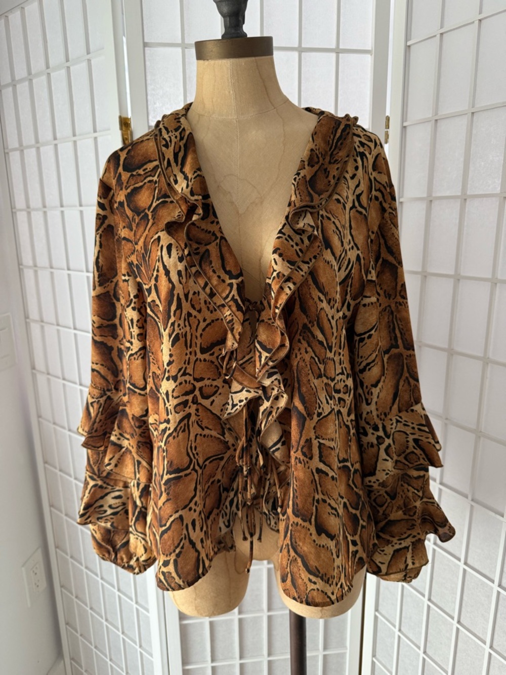 Zara Animal Print Ruffle Blouse Lace Up Front Long Sleeve Size L NWT